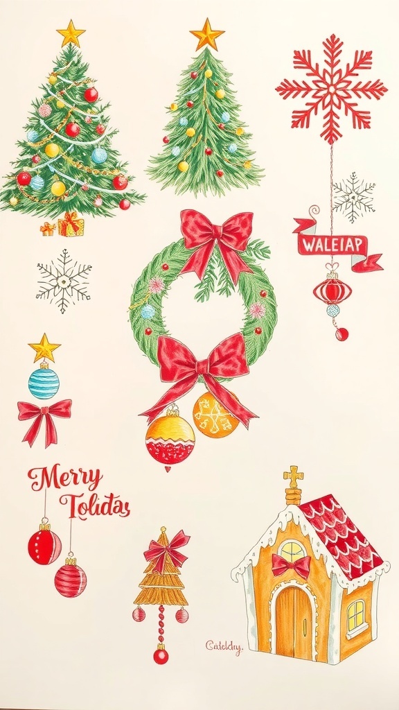A display of hand-drawn Christmas decorations including a tree, snowflakes, wreath, ornaments, and gingerbread house.